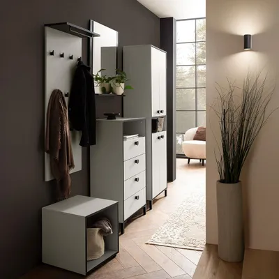 Produktbild von Garderoben-Set 5-teilig in Beige mit Rahmen in Mattschwarz, Schuhschrank & Spiegel - ELMIRA-80
