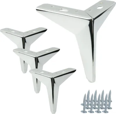 Image de lot de 4 pieds de meuble "étoile" en chrome argenté, hauteur 13 cm, avec coussinets anti-rayures, idéal pour un design minimaliste et un style d'intérieur élégant.
