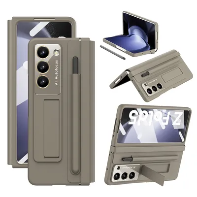Obrázek produktu pro Kožené pouzdro na Samsung Galaxy Z Fold 5 s koženým pantem, ochranou displeje, stojánkem a držákem na stylus hnědé