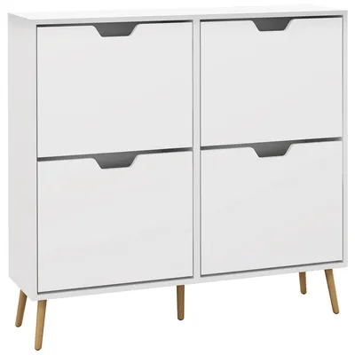 Image de HOMCOM Meuble à chaussures 4 abattants, armoire à chaussures 16 paires, avec étagère réglable, pieds en bois de pin, rangement chaussure, grande capacité pour couloir, entrée, 95 x 26 x 95 cm, blanc