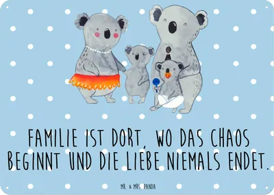 Produktbild von Mr. & Mrs. Panda tafel Koala Familie DIN A6 - Blau Pastell - Geschenk, Kinder, Wandschild Metall, Retro Blechschild, Türschild, Mama, Bruder, Wandbild, Schild, Koalas