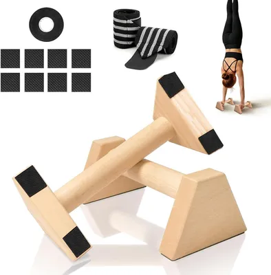 Immagine prodotto di Maniglie in legno per flessioni - Supporti per l'allenamento - Allenamento della forza - Design ergonomico - 25,5 cm - Colore legno