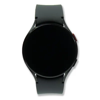 A black Samsung Galaxy Watch 4 LTE 44mm is shown from a front-facing perspective against a white background.