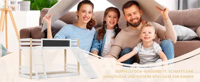 Immagine prodotto di okwish Letto a castello 90x200 cm con scaletta e scivolo, letto alto con protezione anticaduta, letto in legno massiccio per bambini, struttura letto con pannello a rotelle, bianco