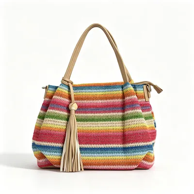 Produktbild von Damen Schultertasche mit Reißverschluss, gestreift, Shopper mit Quaste – Bunt