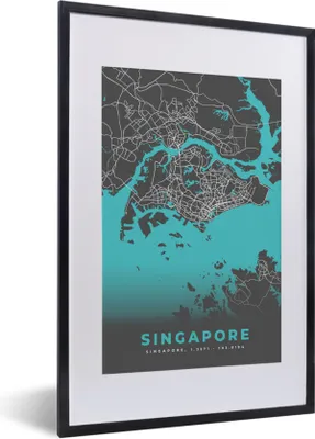 Produktbild von MuchoWow® Gerahmtes Poster Stadtplan - Blau - Singapur - Karte 40x60 cm - Poster mit Schwarzem Bilderrahmen Wandposter Rahmen Foto Bilder - Poster in Rahmen