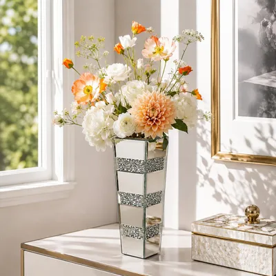 Image de Vase miroir Vrygle, 30 cm, avec des strass, argentée, vase de table pour fleurs séchées