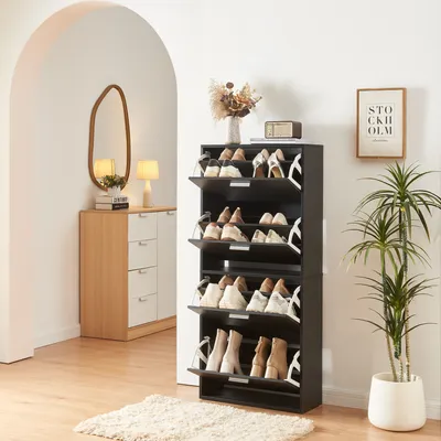 Image de Armoire à chaussures 'Sykkylven' Basculeur à chaussures avec 4 abattants 134 x 60 x 24 cm Noir