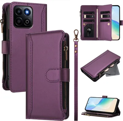 Produktbild von Handyhülle für Honor 200 Smart/Honor X7C Reißverschluss Geldbörse Kunstleder Klapphülle mit Kartensteckplatz, Ständer, Handschlaufe Lila