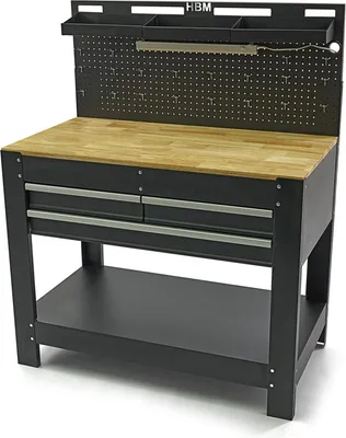 Produktbild von HBM Werkbank 115 cm mit 3 Schubladen, Arbeitsplatte und Rückwand aus Holz, schwarz