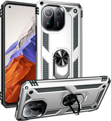 Obrázek produktu pro Pouzdro pro Xiaomi Mi 11 Pro dvouvrstvé robustní, vojenská ochrana pouzdro s držákem prstenu a stojánkem Stříbro