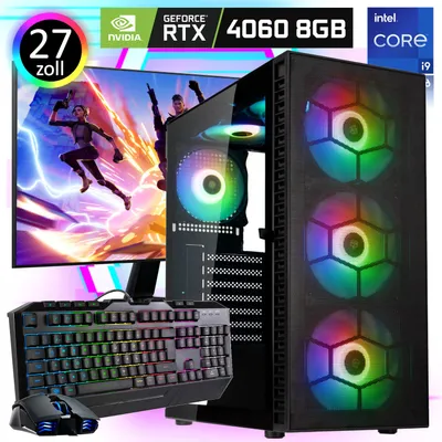 Produktbild von Gaming PC Komplett-Set Intel Core i9 12900K - GeForce RTX 4060 8GB - 2TB SSD - 32GB DDR4 - Windows 11 - WLAN - 27" TFT 2K 1ms 100Hz - Tastatur/Maus