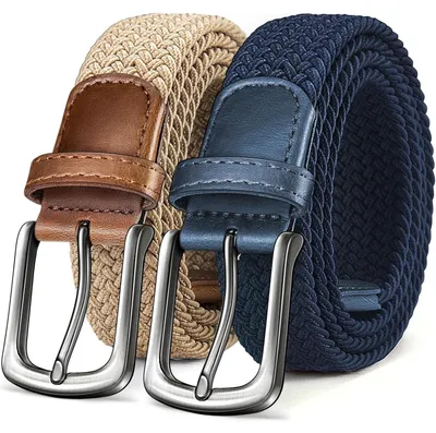 Produktbild von Flechtgürtel Herren 2er Set Elastisch Stoff Stretch 35mm Beige/Antikblau 105cm