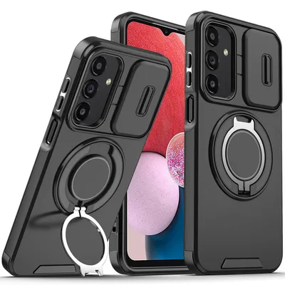 Obrázek produktu pro Dvouvrstvé pouzdro pro Samsung Galaxy A04s / A13 5G/4G, s posuvným krytem fotoaparátu a magnetickým kroužkovým stojánkem Černý