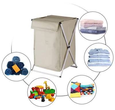 Image de Panier à linge pliable avec couvercle et poignée, structure en aluminium, pour salle de bain, chambre à coucher et la maison - Beige