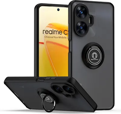 Produktbild von Hülle für Realme C55 4G Matte Transluzent TPU Stoßfest Schutzhülle mit Ring Halter Ständer Schwarz