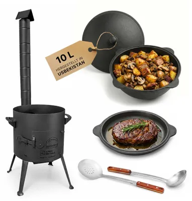Produktbild von Utschak Ø36cm 2mm Stahl Feuerofen mit Abzugsrohr Aschekasten Gusseisen Kazan 10L Set Outdoor Küche Campingofen Feldküche Dutch Oven BBQ Lagerfeuer Eintopfofen