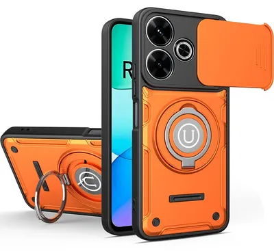Produktbild von Magnetische Handyhülle für Xiaomi Poco M6 Plus/Redmi 13 5G/4G mit Kameraschutz Schieber, Ringhalter und Ständer, Stoßfeste Hülle Orange