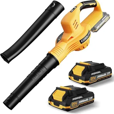 Produktbild von Akku Laubbläser 21V, Leichter kabelloser Laubbläser mit 2 Akkus, Turbo-Technologie, 150MPH Windgeschwindigkeit für Garten, Terrasse, Staub, (Gelb)