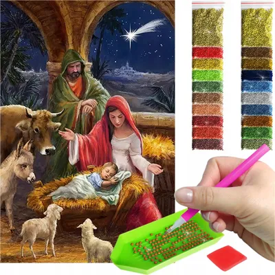 Zdjęcie produktu dla Haft diamentowy ARTULIO – Narodzenie Jezusa w betlejemskiej szopce – 60 x 40 cm – Diamond painting, Kompletny zestaw: mozaika + akcesoria