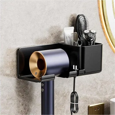 Image de Support mural Unyqoos® pour sèche-cheveux, sans perçage – support adhésif pour sèche-cheveux et lisseurs, en ABS, 3 en 1 avec rangement pour câbles, noir, jusqu'à 8 kg