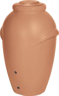 A terracotta-colored rain barrel with a decorative amphora shape.