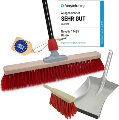 Produktbild von Novaliv Straßenbesen mit Stiel 50 cm Elaston Borsten inkl. Kehrgarnitur verzinkt bestehend aus Kehrblech und Handfeger Ideal als Gartenbesen Terassenbesen Hofbesen Stallbesen Kehrbesen Outdoor broom