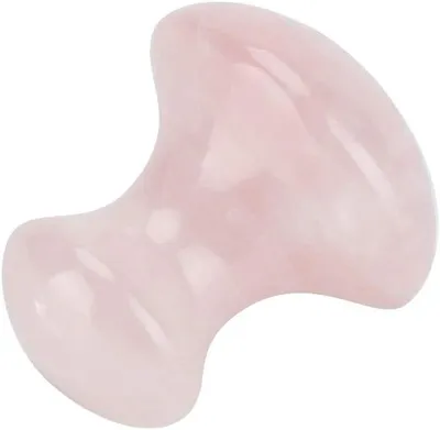 Image de Pierre de Gua Sha en quartz rose, forme champignon, pour massage du visage et du cou, idéale pour les soins de beauté et les spas