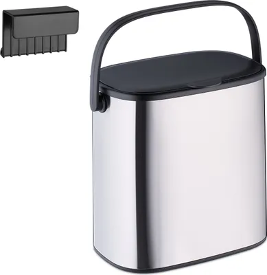 Immagine prodotto di Relaxdays, cestino dei rifiuti, 5 l, cestino da bagno sospeso, cestino da bagno con coperchio e maniglia, cestino da cucina, argento/nero