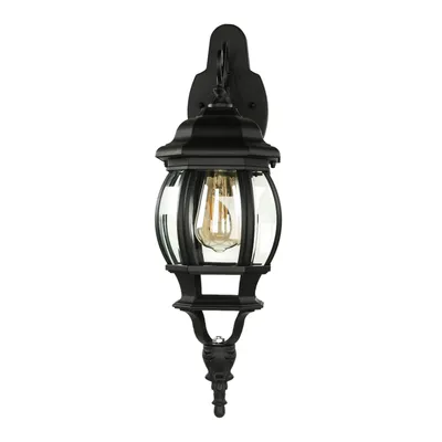 A black outdoor wall light with a glass lantern.