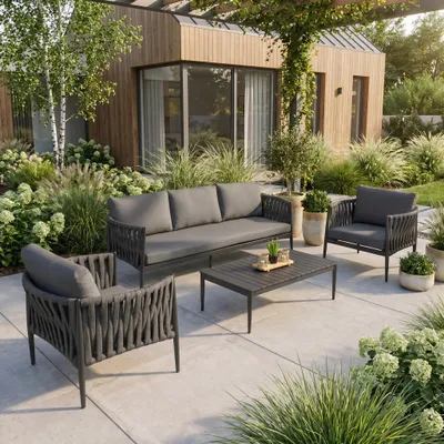 Produktbild von BEAUTYSOFA | RIVIERA Gartenmöbel Set Grau – Lounge Set mit 3-Sitzer Sofa, 2 Sesseln & Couchtisch, Gartenlounge für 5 Personen, Outdoor Sitzgruppe