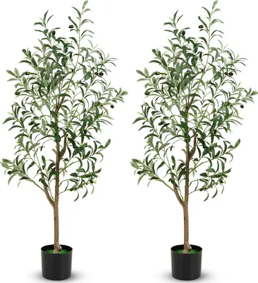 Produktbild von Künstlicher Olivenbaum im 2er-Set, 130 cm hohe Kunstbäume mit realistischen Früchten, stabilem Sockel, PE-Stamm & mehrfarbigen Stoffblätter, Grün