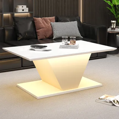 Obrázek produktu pro Konferenční stolek nepravidelného tvaru, rozměry 100 × 50 × 46 cm, s LED osvětlením, lesklý stolek do obývacího pokoje, stolek k pohovce, odkládací stolek, vhodný do malých prostor