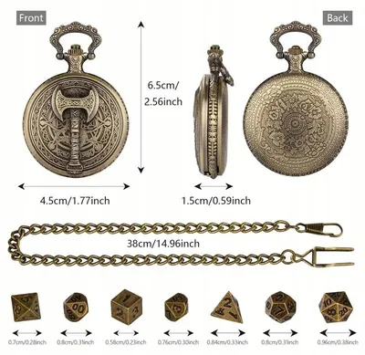 Produktbild von Taschenuhr-Würfelset mit Axt-Design und 7 Mini-Würfeln