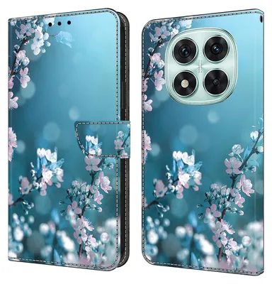 Produktbild von CLM-Tech Handyhülle kompatibel mit Xiaomi Redmi Note 14 Pro 5G Hülle - Tasche aus Kunstleder - Klapphülle mit Ständer und Kartenfächern - Schutzhülle Wallet Case Cover Pflaumenblüte blau