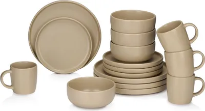Obrázok produktu pre súprava riadu alpina 16 kusov - Súprava tanierov pre 4 osoby - Kameninový riad - Raňajkové taniere, obedové taniere, misky a šálky - Vhodné do mikrovlnnej rúry a umývačky riadu - Piesok