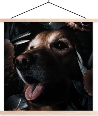 Produktbild von MuchoWow® Textilposter Hund - Blumen - Blätter - Botanisch 120x120 cm mit holzfarbenen Rahmen - Textil-Poster