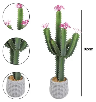 Obrázok produktu pre Umelý kaktus – veľká kaktusová rastlina v kvetináči – 90 cm – s kvetmi – realistická štruktúra – plast – zelená