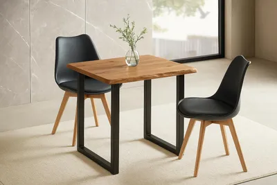 Produktbild von 3 TLG. Essgruppe Josy | Esstisch mit 2 Stühlen | 80x80 cm mit Baumkante | Holz Wildeiche-Optik | 40 mm Platte | U-Gestell Schwarz | 2X Schalenstuhl Schwarz + Buche-Gestell