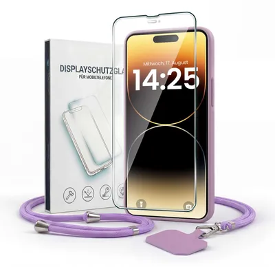 Produktbild von Handyhülle für Apple iPhone 14 Pro mit Handykette und 9H Displayglas Displayschutz Band Kordel Hülle Case Schutzhülle Lila Violett
