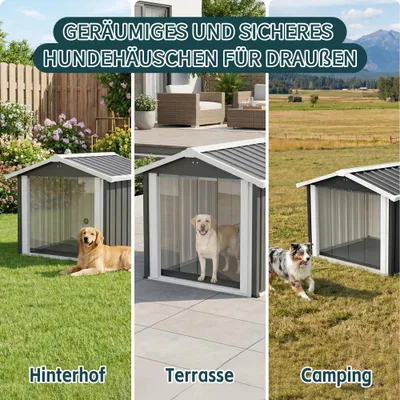 Produktbild von AIORBER Große Hundehütte wetterfest 102x91x84cm, wetterfeste Outdoor-Hundehütte mit Schrägdach, UV-beständiger Hundezwinger für Garten & Terrasse, Grau