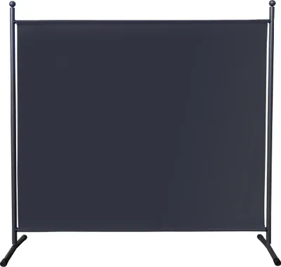 A dark gray fabric room divider with a metal frame, standing on a white background.
