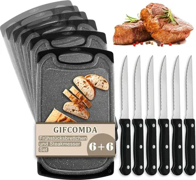 Zdjęcie produktu dla Zestaw deska śniadaniowa z nożami do steków 25x15cm ciemnoszary Tworzywo sztuczne wolne od BPA Antypoślizgowy rowek na sok Można myć w zmywarce