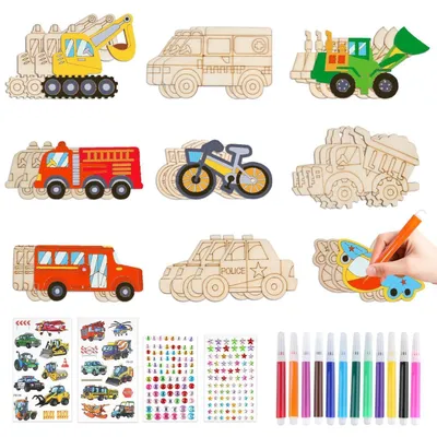 Immagine prodotto di Set per creare oggetti in legno per bambini, composto da 64 pezzi, con pennarelli ad acquerello e adesivi per creare ciondoli