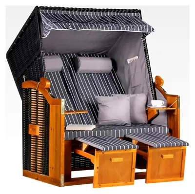 Produktbild von Strandkorb Ostsee 2-Sitzer Anthrazit | Volllieger Gartenmöbel | Polyrattan Hartholz | Komfortabler Sonnenkorb für Terrasse und Balkon | Inkl. 2 Klapptische und Kissen Royal Anthrazit