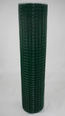 A roll of green wire mesh fencing on a white background.