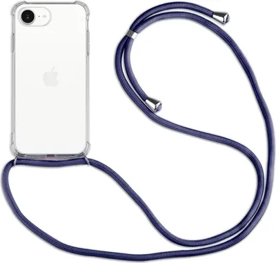 A clear product shot of a smartphone with a clear case and a blue lanyard attached, isolated on a white background.