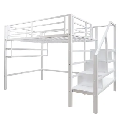 Produktbild von Hochbett(140*200cm,Weiß)Einlegeböden, Stauraumleiter, Freiraum unter dem Bett zum Verkleiden, Geländer, ohne Matratze