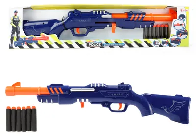 Produktbild von Toi-Toys 32587B - Polizei Gewehr (blau) mit 6 Schaumstoffpfeilen Police Kinderspielzeug Spielzeuggewehr