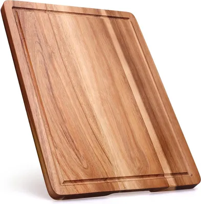 Image de Planche à découper en bois d'acacia - Planche à fromage - Ustensile de cuisine pour la préparation des aliments - Réversible avec rainure pour recueillir les jus - 38 x 28 cm - Couleur bois